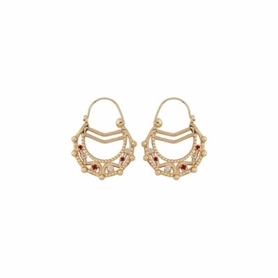 Boucles d'oreilles créoles ethniques plaqué or cristal rouge et blanc 23mm