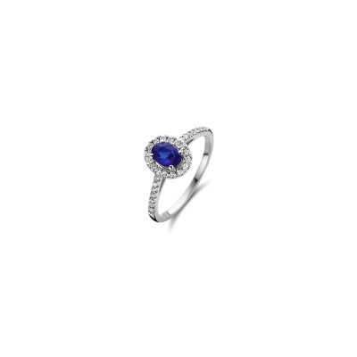 Solitaire en or blanc, diamants et saphir