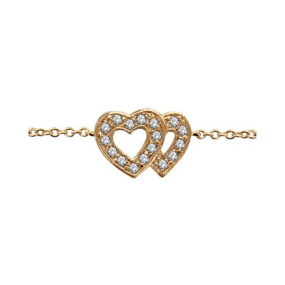 Bracelet double cœur en plaqué or et pierres blanches