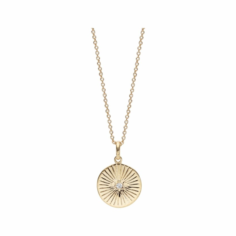 Collier plaqué or pendentif rond strié avec oxyde blanc serti 40+4cm