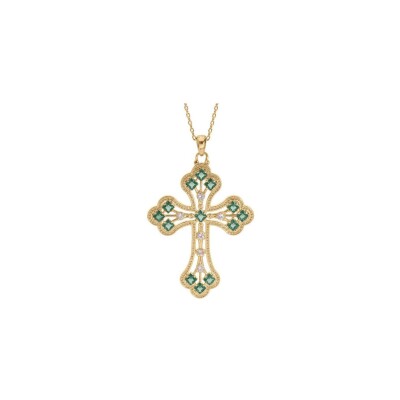 Collier plaqué or pendentif croix empierré oxydes verts foncés 40+5cm