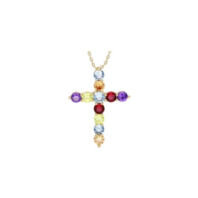 Collier plaqué or pendentif croix empierré multicolore 40+5cm