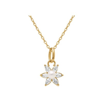 Collier plaqué or fleur oxydes blancs et perle deau douce 38+4cm