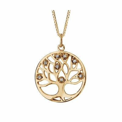 Collier plaqué or pendentif rond arbre de vie pierres synthétique blanches 42+3cm