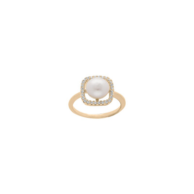 Bague en plaqué or, perle d'eau douce et oxydes de zirconium, taille 56