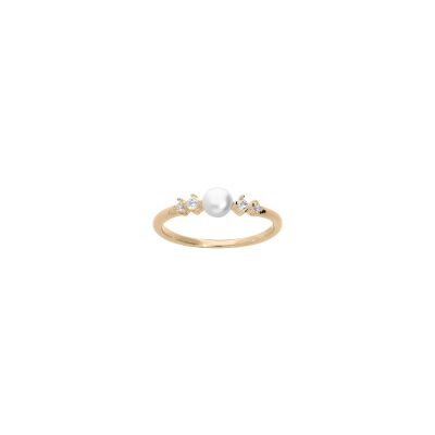 Bague en plaqué or, perle d'eau douce et oxydes de zirconium, taille 58