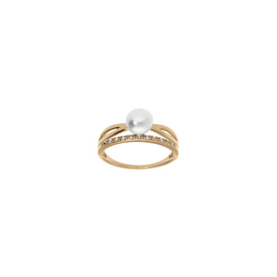 Bague en plaqué or, perle d'eau douce et oxydes de zirconium, taille 54