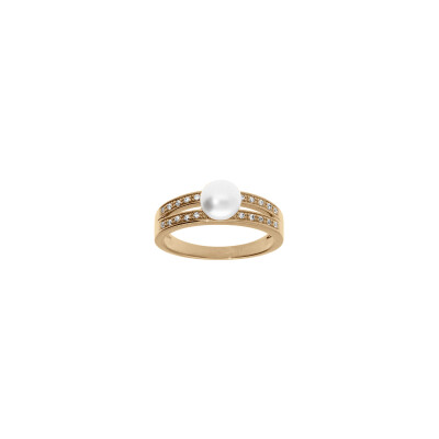 Bague en plaqué or, perle d'eau douce et oxydes de zirconium, taille 54