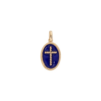 Pendentif ovale croix Bleu foncé en plaqué or et résine