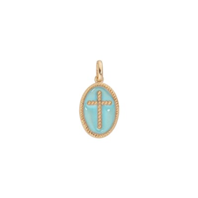 Pendentif ovale croix Bleu Ciel en plaqué or et résine