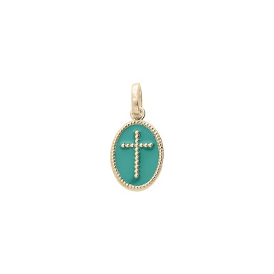 Pendentif ovale croix Vert Canard en plaqué or et résine