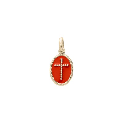 Pendentif ovale croix Corail en plaqué or et résine
