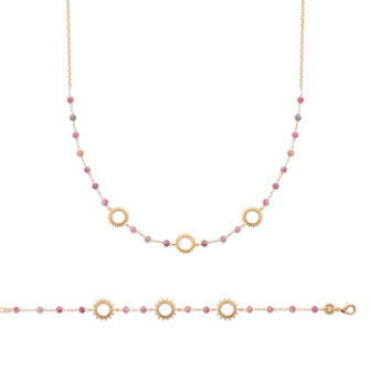 Bracelet en plaqué or et tourmaline rose, 18cm