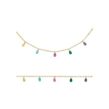 Collier en plaqué or et pierres de couleurs, 45 cm