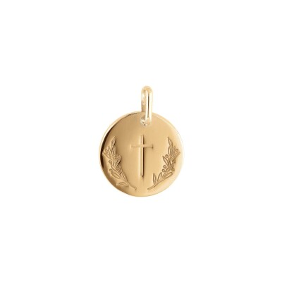Médaille ronde 15mm croix et Rameau en plaqué or
