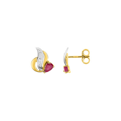 Boucles d'oreilles clous en or jaune, rhodium et rubis