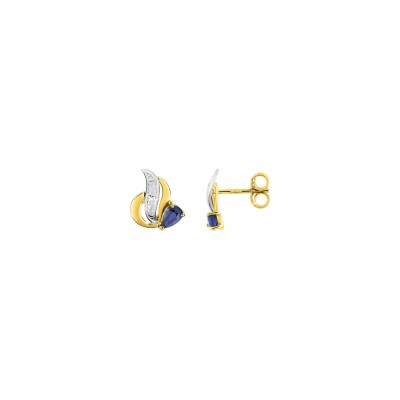 Boucles d'oreilles clou en or jaune, rhodium et saphirs