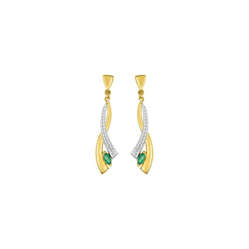 Boucles d'oreilles pendantes en or jaune rhodié et émeraudes