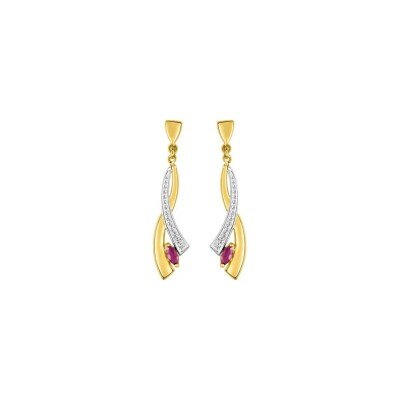 Boucles d'oreilles pendantes en or jaune rhodié et rubis