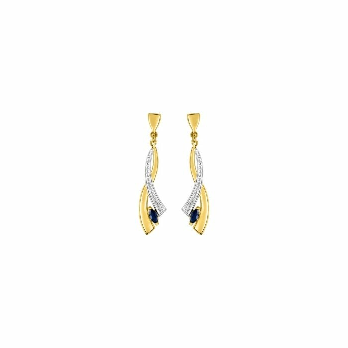 Boucles d'oreilles pendantes en or jaune, rhodium et saphirs