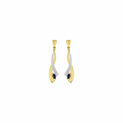 Boucles d'oreilles pendantes en or jaune, rhodium et saphirs