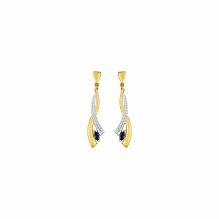 Boucles d'oreilles pendantes en or jaune, rhodium et saphirs