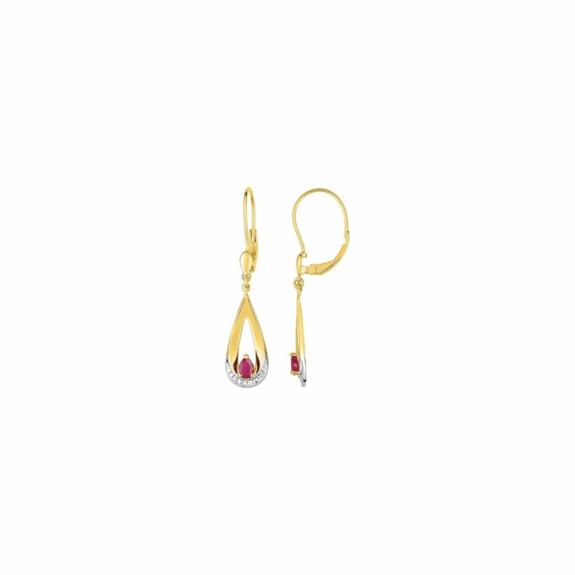 Boucles d'oreilles pendantes en or jaune, rhodium et rubis
