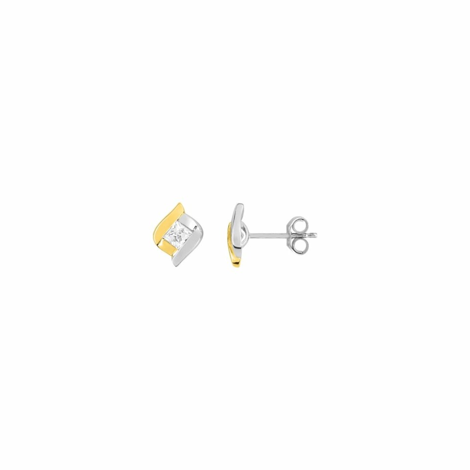 Boucles d'oreilles clou en or jaune, rhodium et oxyde de zirconium