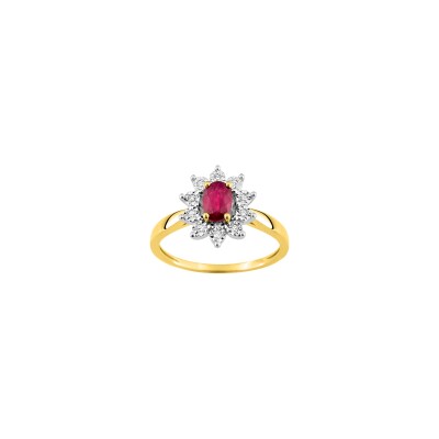 Bague en or jaune, diamant 0.06ct et rubis
