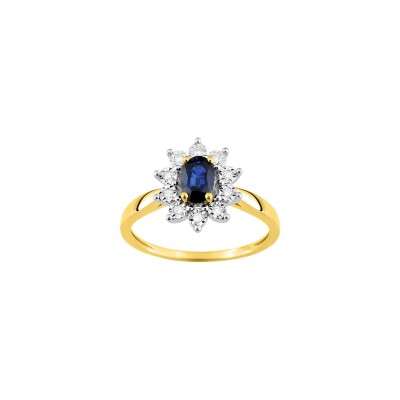 Bague en or jaune rhodié, diamants et saphir