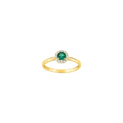 Bague en or jaune, diamant 0.13ct et émeraude