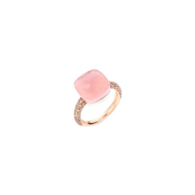 Bague Pomellato Nudo Maxi en or rose, or blanc, diamants cognac, calcédoine et quartz rose