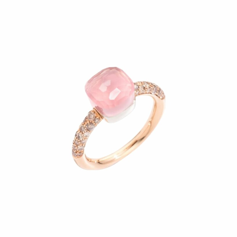 Pomellato Nudo small size ring, rose gold, white gold, cognac diamonds, chalcedony and pink quartz