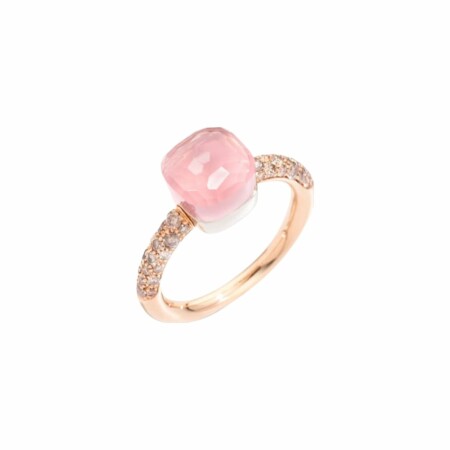 Pomellato Nudo Petit ring, rose gold, white gold, cognac diamonds, chalcedony and pink quartz