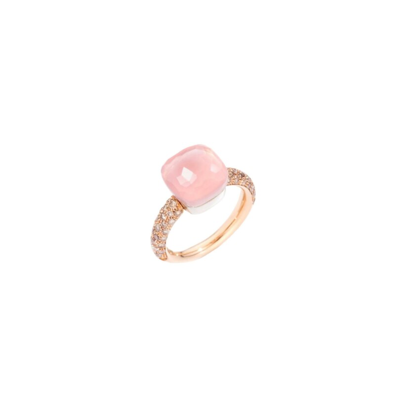 Pomellato Nudo Classic ring, rose gold, white gold, cognac diamonds, chalcedony and pink quartz