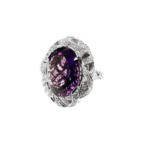 Bague Isabelle Barrier en or blanc, diamants et améthyste de 1.92ct et 14.65ct, taille 53 