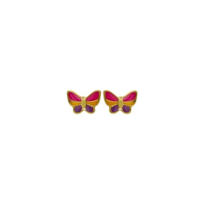 Boucles d'oreilles papillon en or jaune et laque multicolore