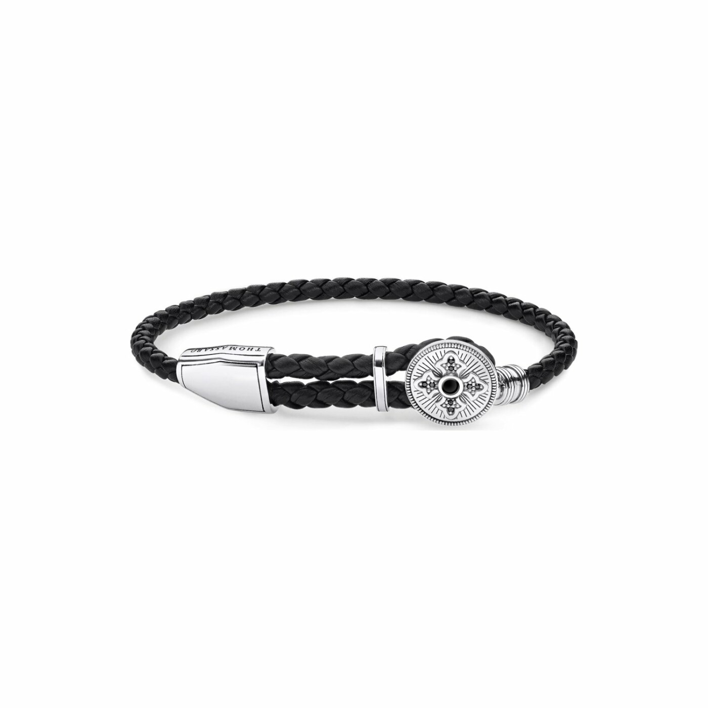 Bracelet Thomas Sabo croix en argent, cuir et oxyde de zirconium et onyx, 14-25cm