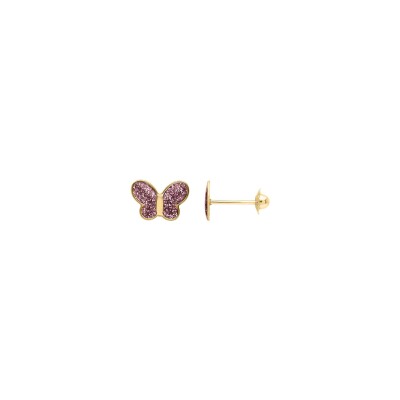 Boucles d'oreilles papillon Rose en or jaune et laque
