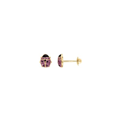Boucles d'oreilles coccinelle Rose en or jaune et laque pailletée