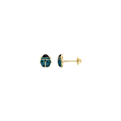 Boucles d'oreilles coccinelle Turquoise en or jaune et laque pailletée