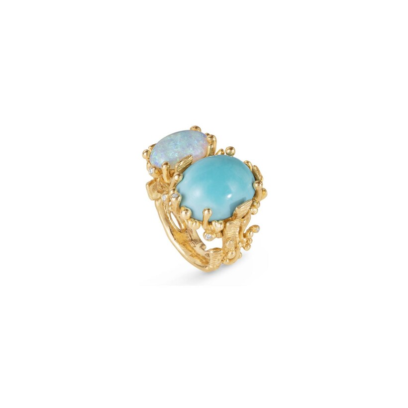 Ole Lynggaard Boho ring, yellow gold, turquoise, opal and diamonds