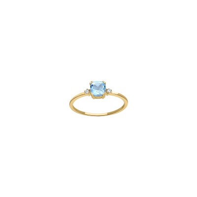 Bague en or jaune, topaze bleue et oxyde de zirconium