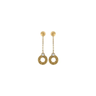 Boucles d'oreilles pendantes rond satiné en or jaune et oxydes de zirconium