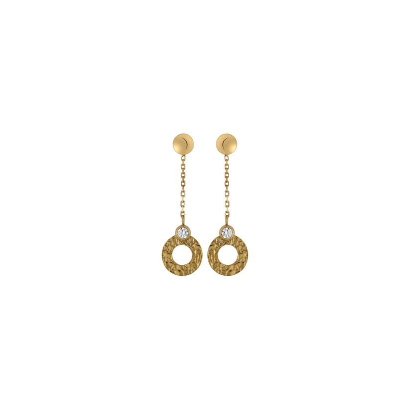 Boucles d'oreilles pendantes rond satiné en or jaune et oxydes de zirconium