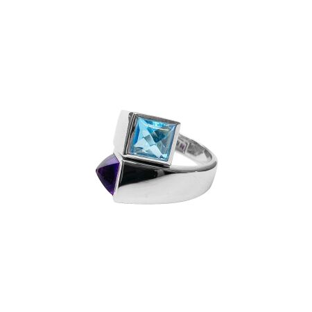 Bague Isabelle Barrier en or blanc, topaze bleue et améthyste, taille 52