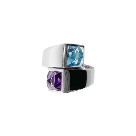 Bague Isabelle Barrier en or blanc, topaze bleue et améthyste, taille 52