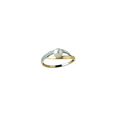Bague en or jaune, or blanc, perle de culture d'eau douce et diamants