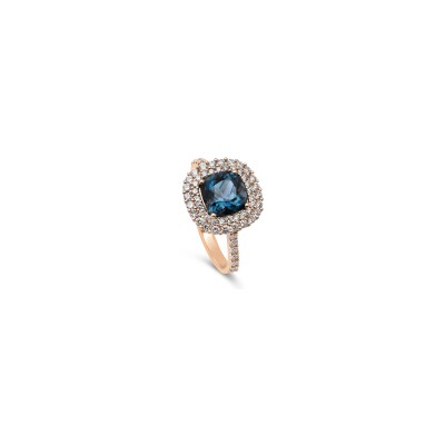 Bague San Marco en or rose, topaze Blue London taille coussin et entourage diamants