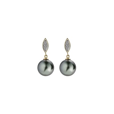 Boucles d'oreilles en or jaune, perle de culture de Tahiti et diamants